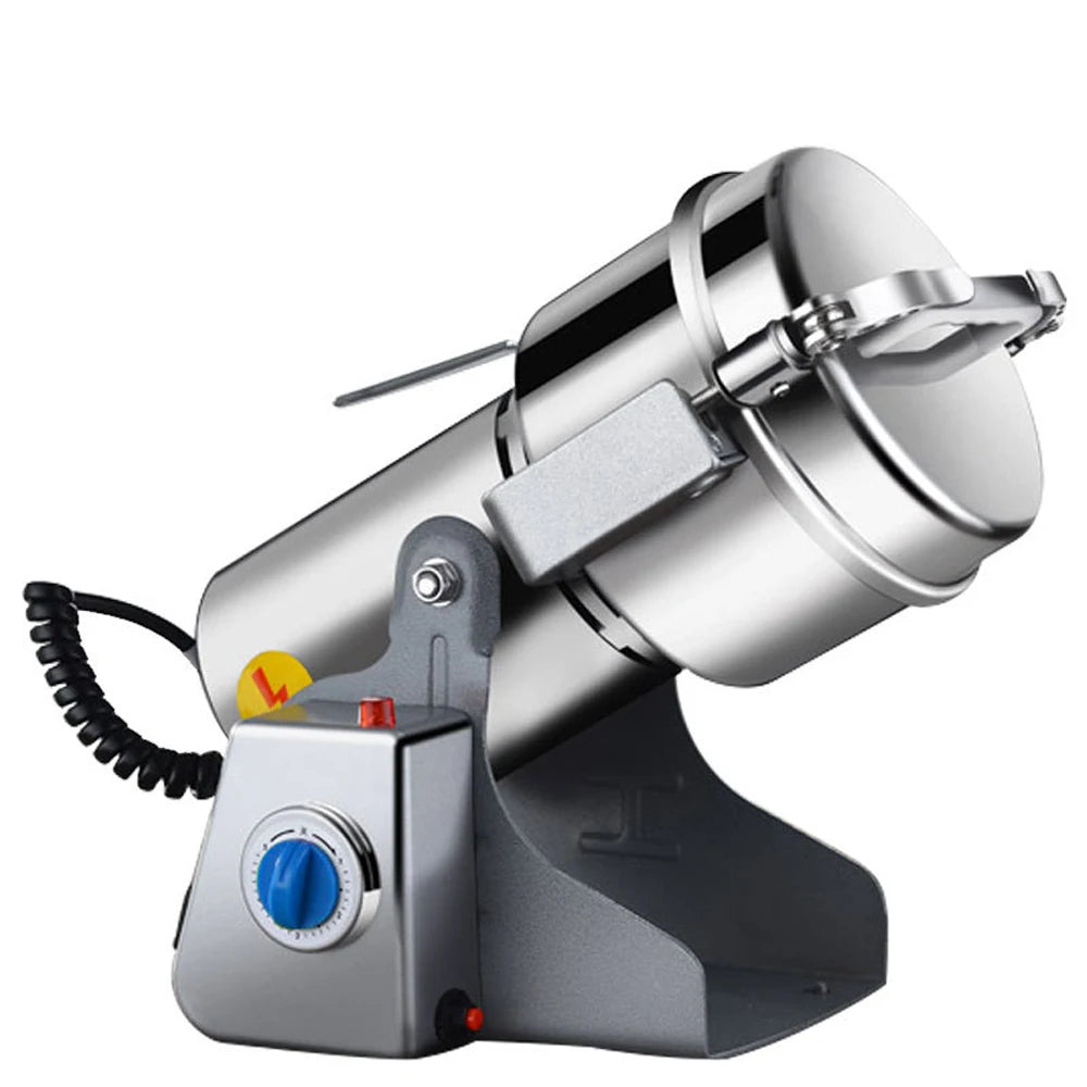 Stainless steel electric grain and coffee grinder with adjustable timer and tilting swing design for commercial use.