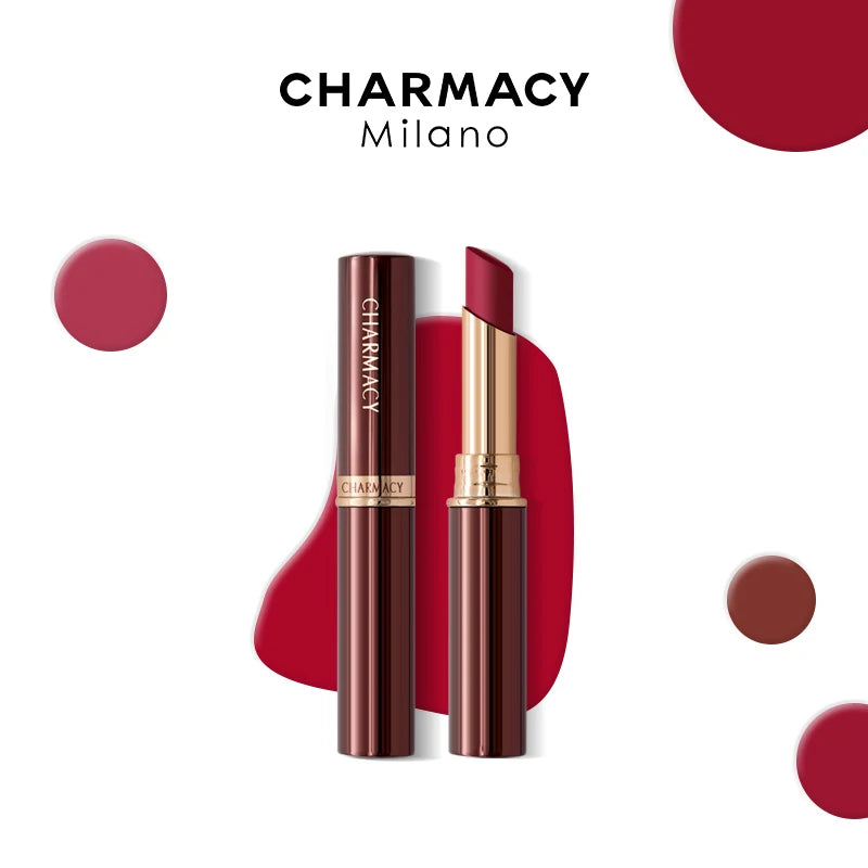 CHARMACY long-lasting matte velvet lipstick in deep red with elegant metallic tube packaging and smooth color swatches.