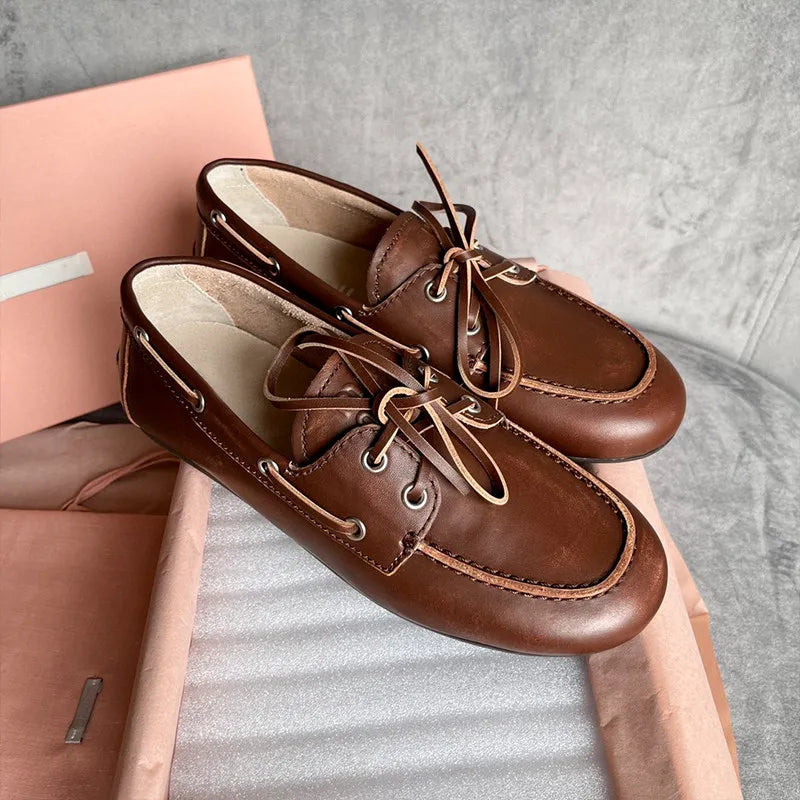 Hot Selling Spring Women's Retro Brown Bow Genuine Leather Driving Shoes Flat Soled Sheepskin Outsole Calf Leather Loafers
