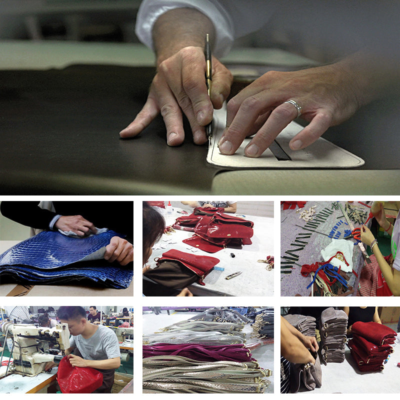 Artisan crafting LOVEVOOK luxury PU leather designer handbags in various colors for high-quality production.