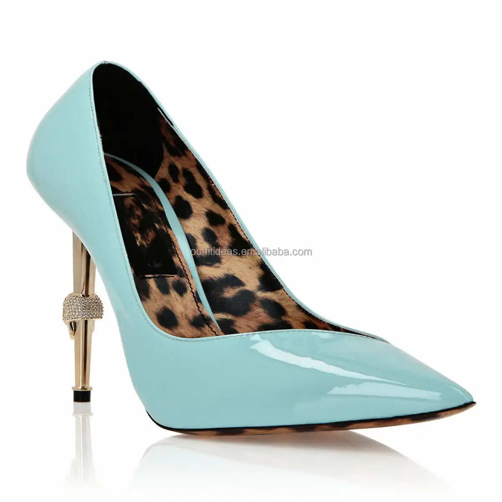 Top Quality Luxury Jewel Sandal Design 12cm Stiletto Heel Skull Heel Dappled Patent Leather Leopard Pumps Women Sexy Party Shoes