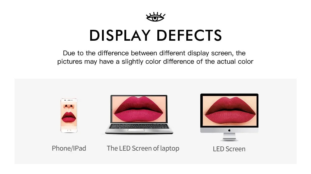 Comparison of matte red liquid lipstick color across different screens to show potential display variation.