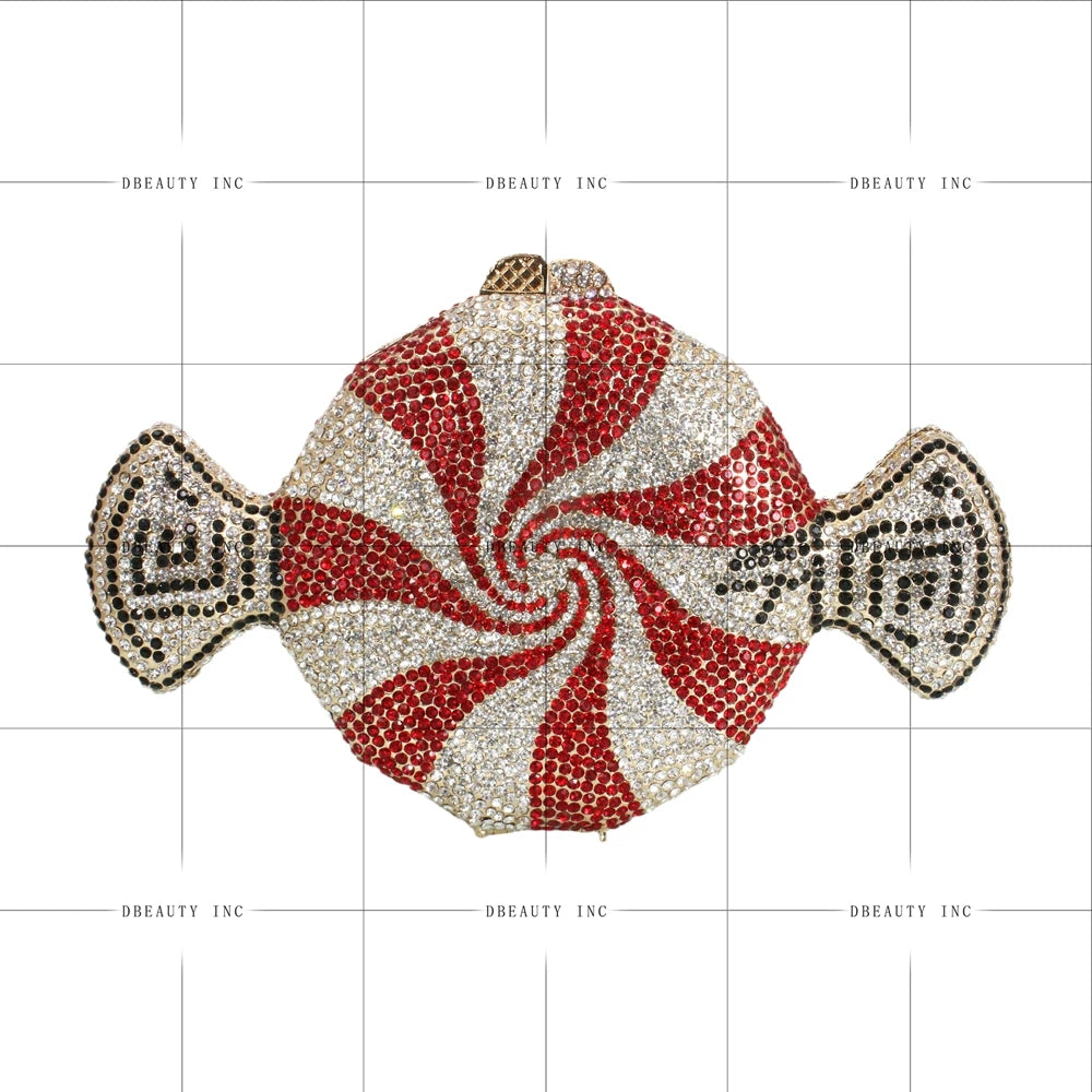 Red and white candy-shaped designer clutch bag covered in sparkling rhinestones for formal evening wear.