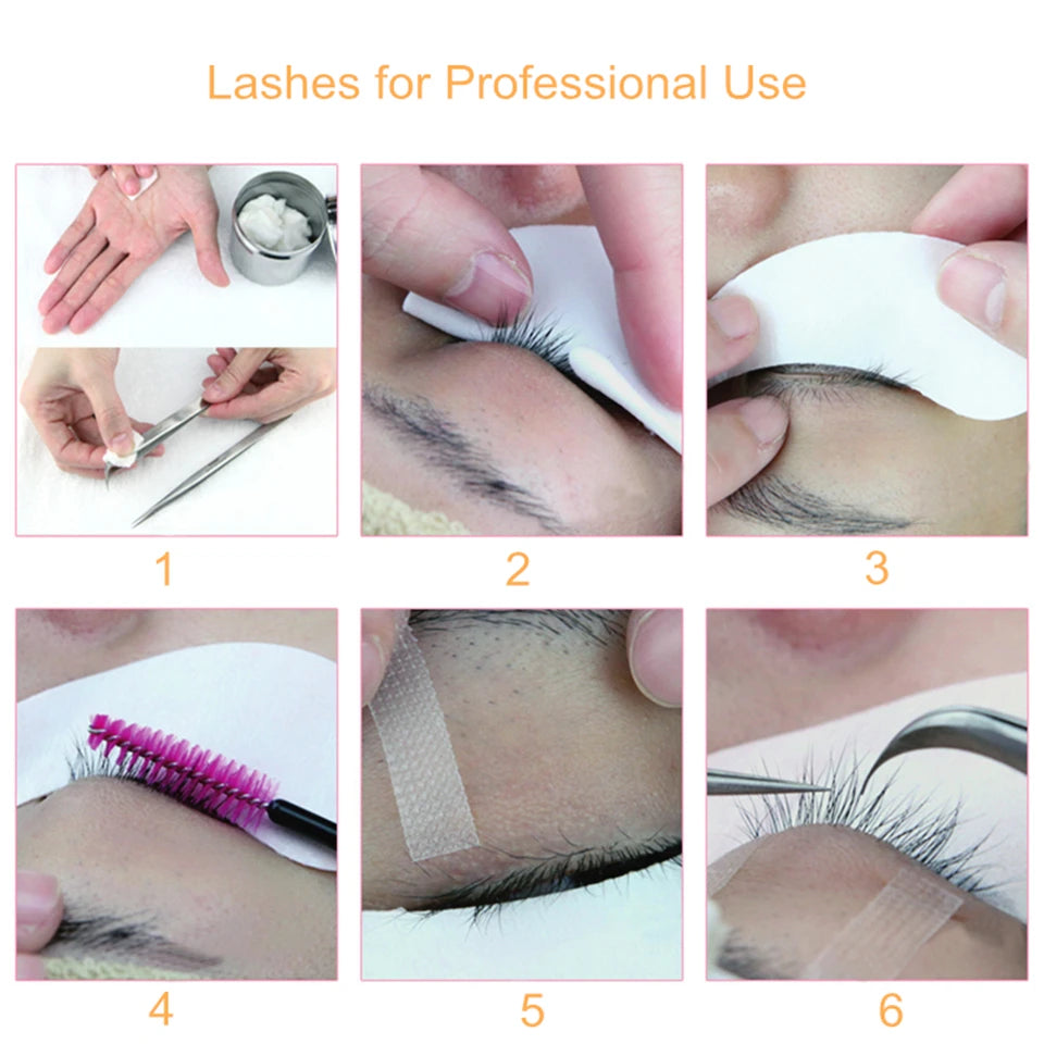 Six-step tutorial showing professional application of black Russian volume silk eyelash extensions using tools.