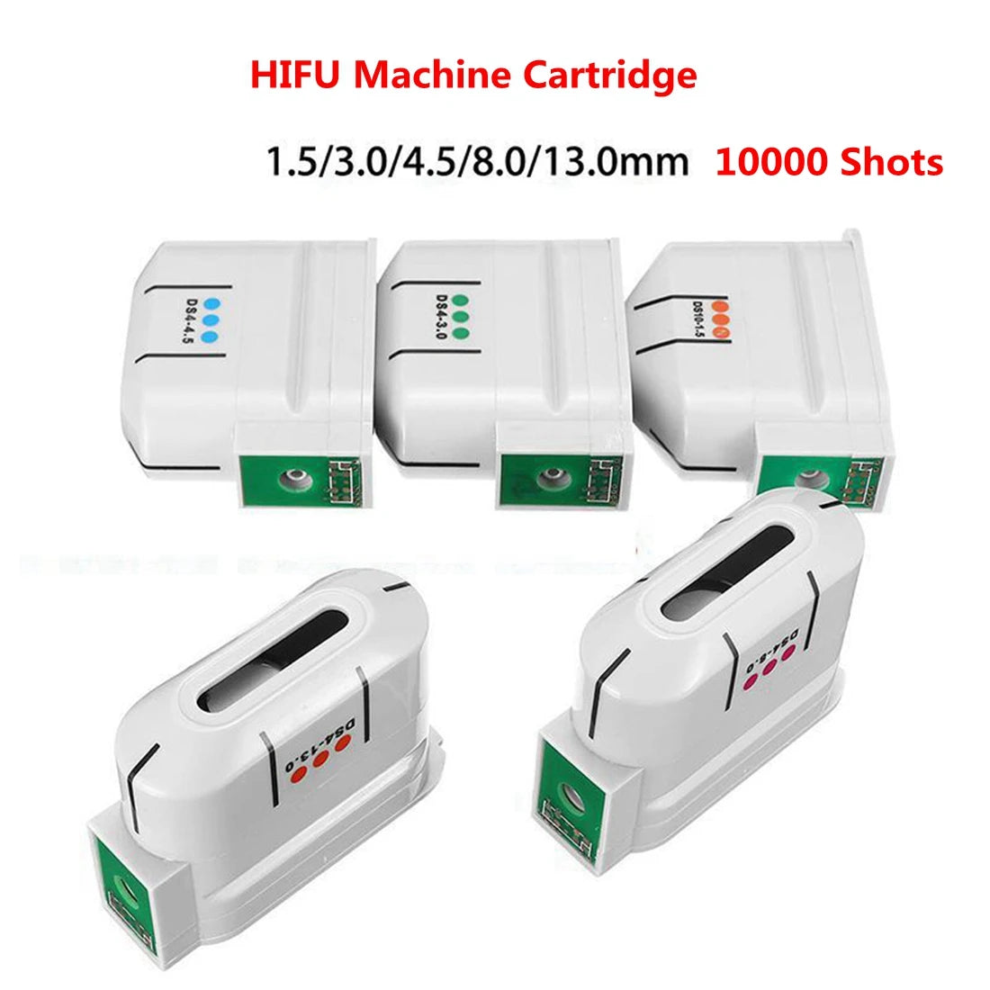Set of white 10000-shot HIFU ultrasound machine cartridges for anti-aging facial and body skin tightening treatments.