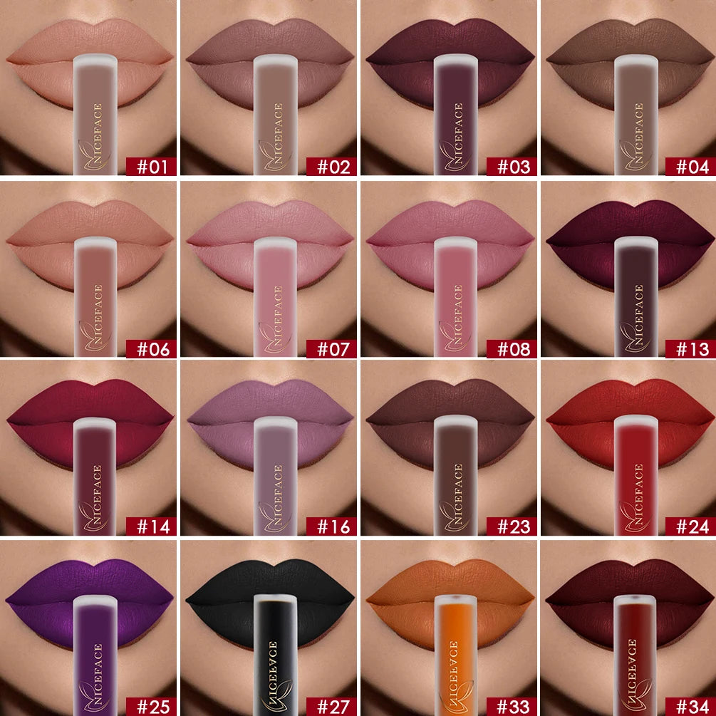 NICEFACE waterproof matte liquid lipstick set showing various nude, red, and bold velvet lip tint shades on lips.