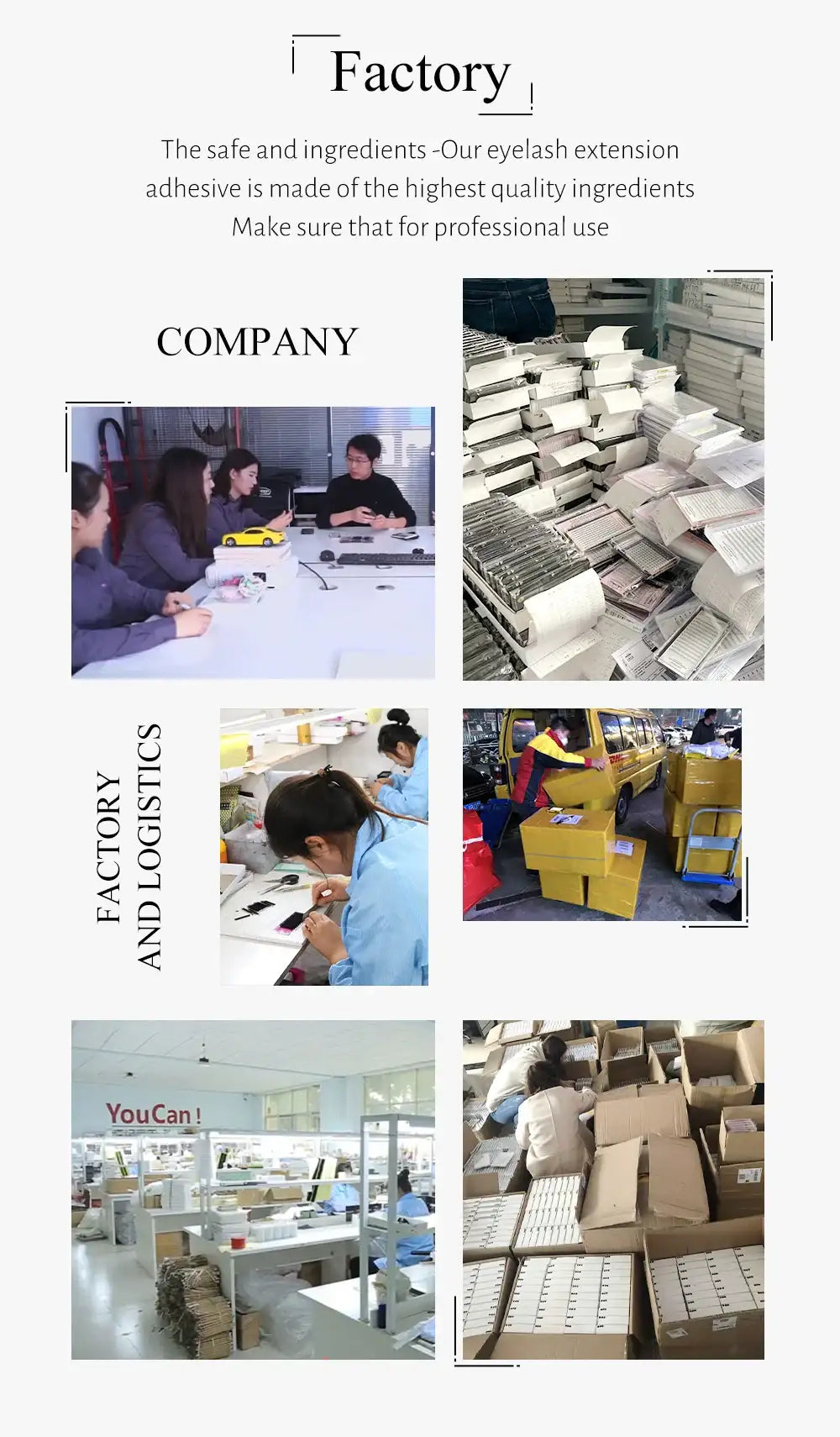 Collage showing factory workers and staff packing, organizing, and shipping eyelash extension adhesive products.
