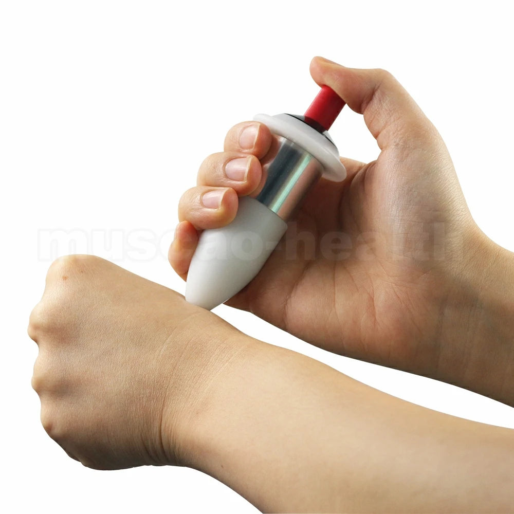 Handheld trigger point massage tool for deep tissue muscle relaxation, white and silver portable body massager.