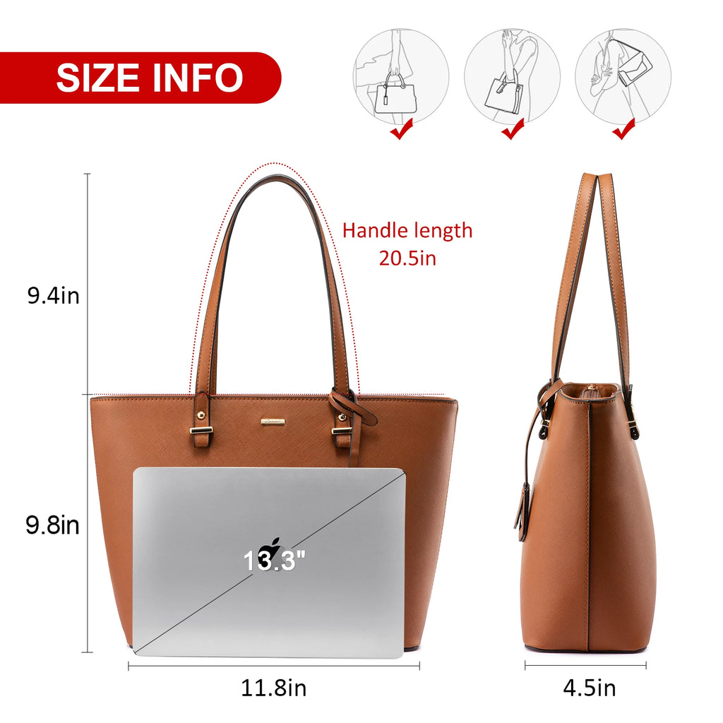 Tan PU leather tote bag with 13.3-inch laptop size guide, long handles, and luxury designer handbag styling.