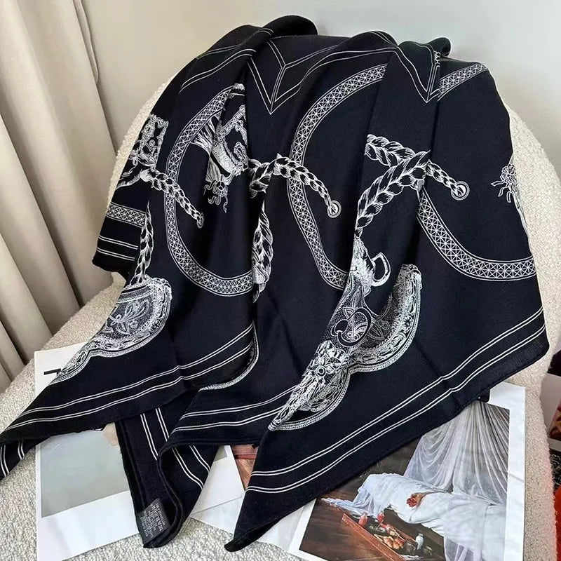 Luxurious 140*140cm Square Equestrian Digital Printed Cashmere Silk Scarf Fashion Gift for Elegant Individuals MOQ 1PC