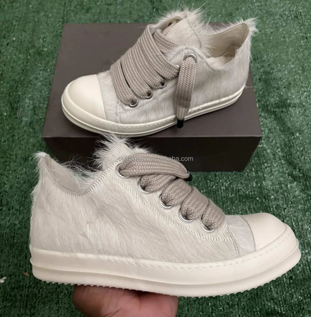 5 Eyelets Retro Sneakers Size 48 Unisex Luxury Design Jumbo Lace Low Top Sneakers for Men Pon Hair Jumbo Lace Low White Sneakers