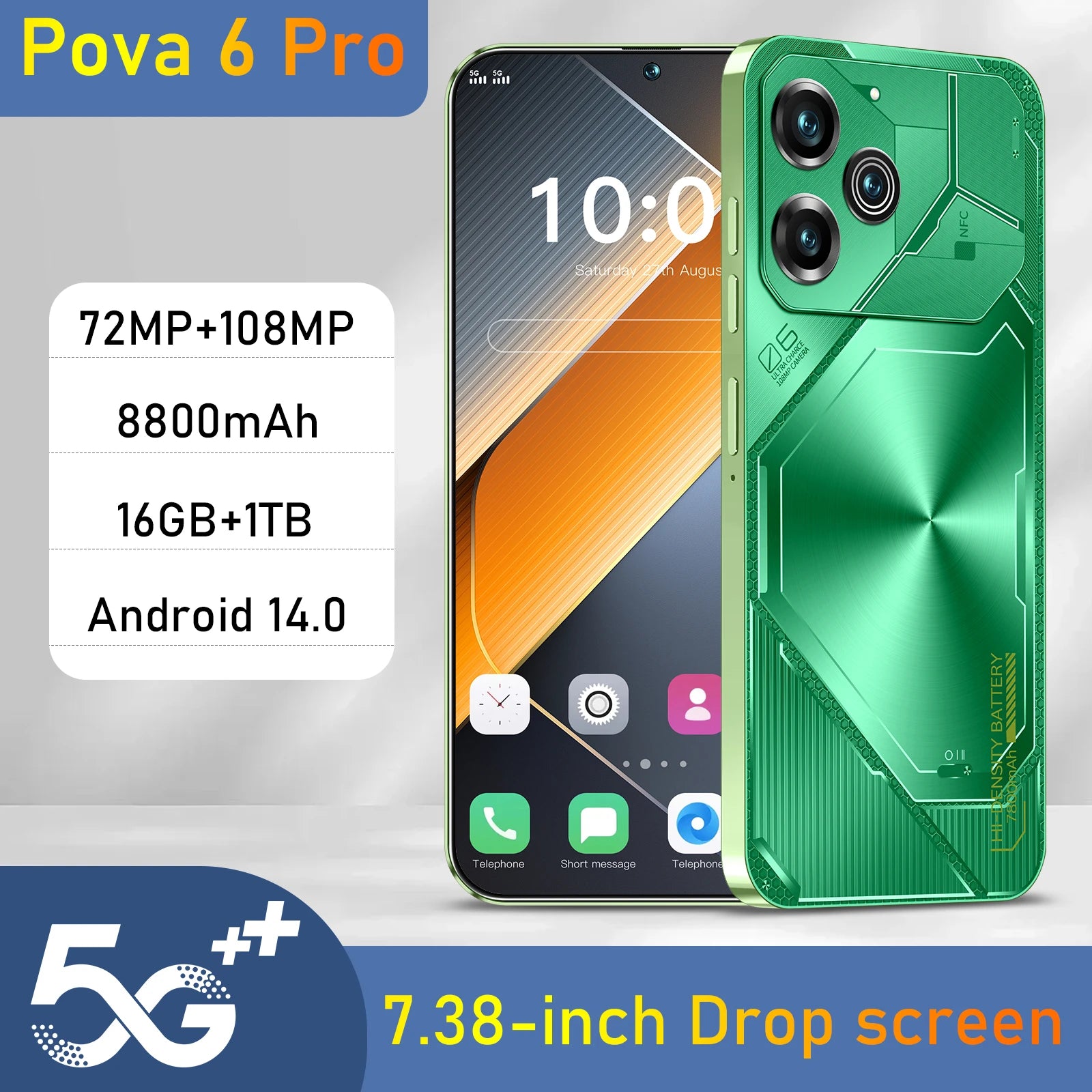 Tidesmit 5G Smartphone, 16GB RAM, 1TB Storage, 108MP Camera, Green Tidesmit