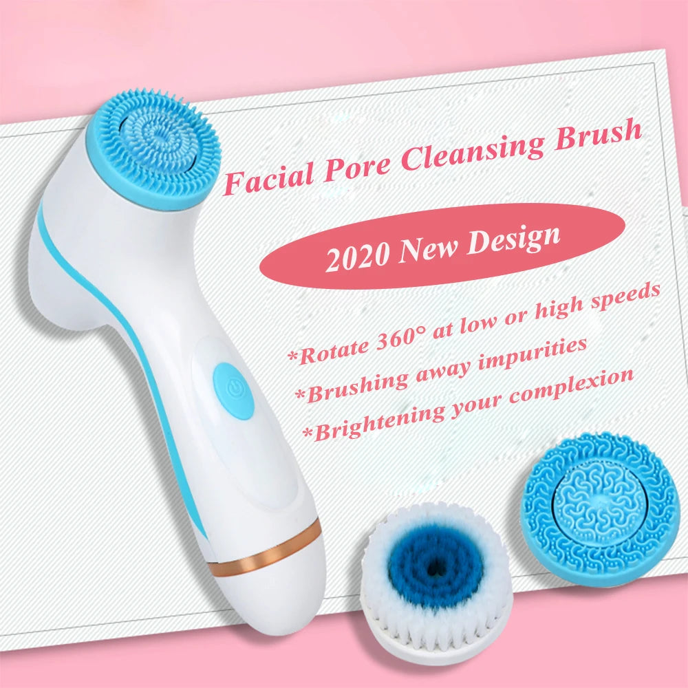 White and blue sonic facial cleansing brush with rotating silicone and bristle heads for deep pore skin exfoliation.