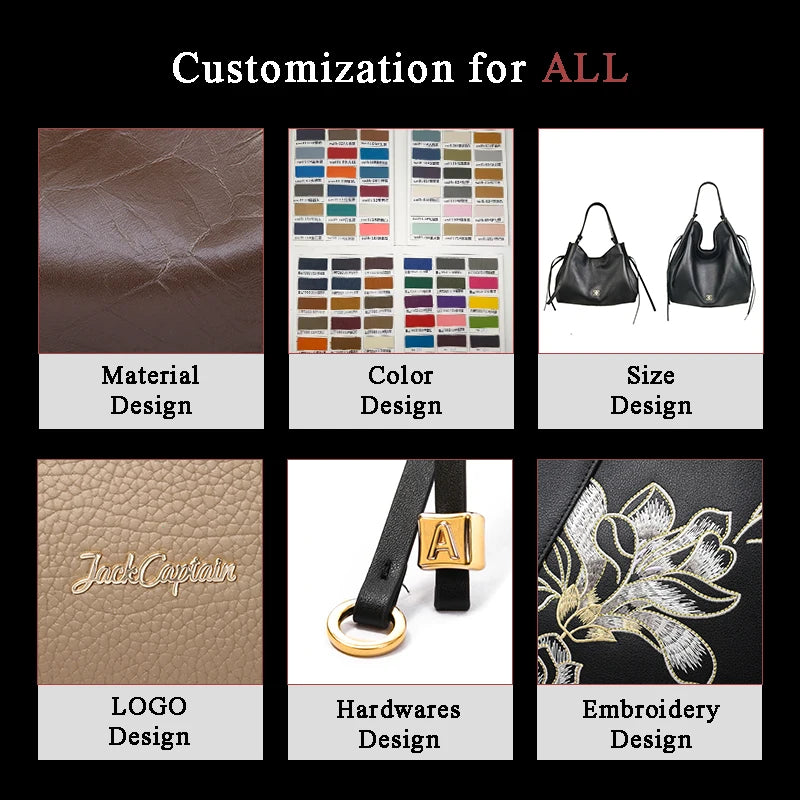 Jack Captain luxury designer handbag customization options: genuine leather, various colors, metal hardware, embroidery.