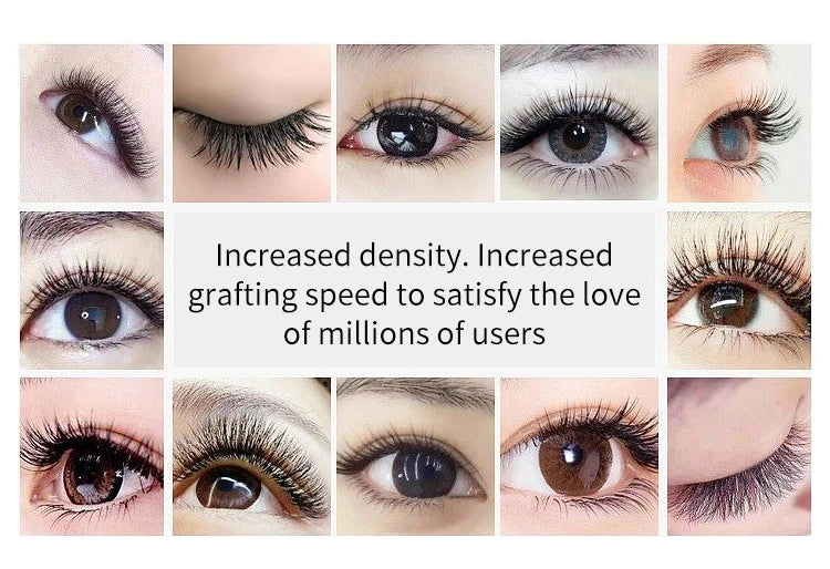 Collage of eyes featuring W-shaped black 3D soft lash extensions for a dense, natural-looking volume effect.