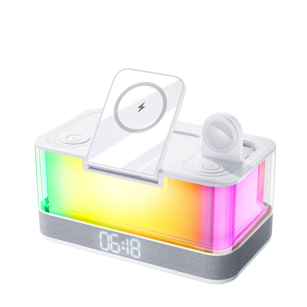 Hot Products Bedroom Multifunctional RGB Night Light Alarm Clock Mobile Phone Holder BT Speaker 6 in 1 Wireless Charger 15W Tidesmit
