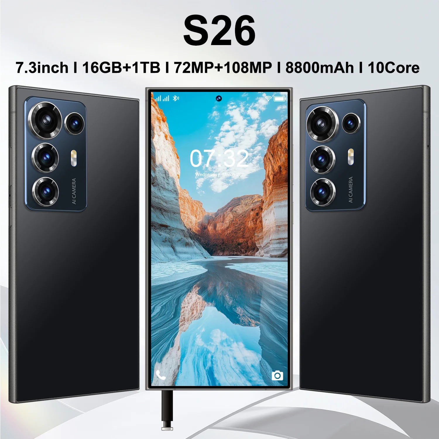 Wholesale S26 Ultra smartphone with 108MP camera and long standby battery in unlocked 2026 trending design