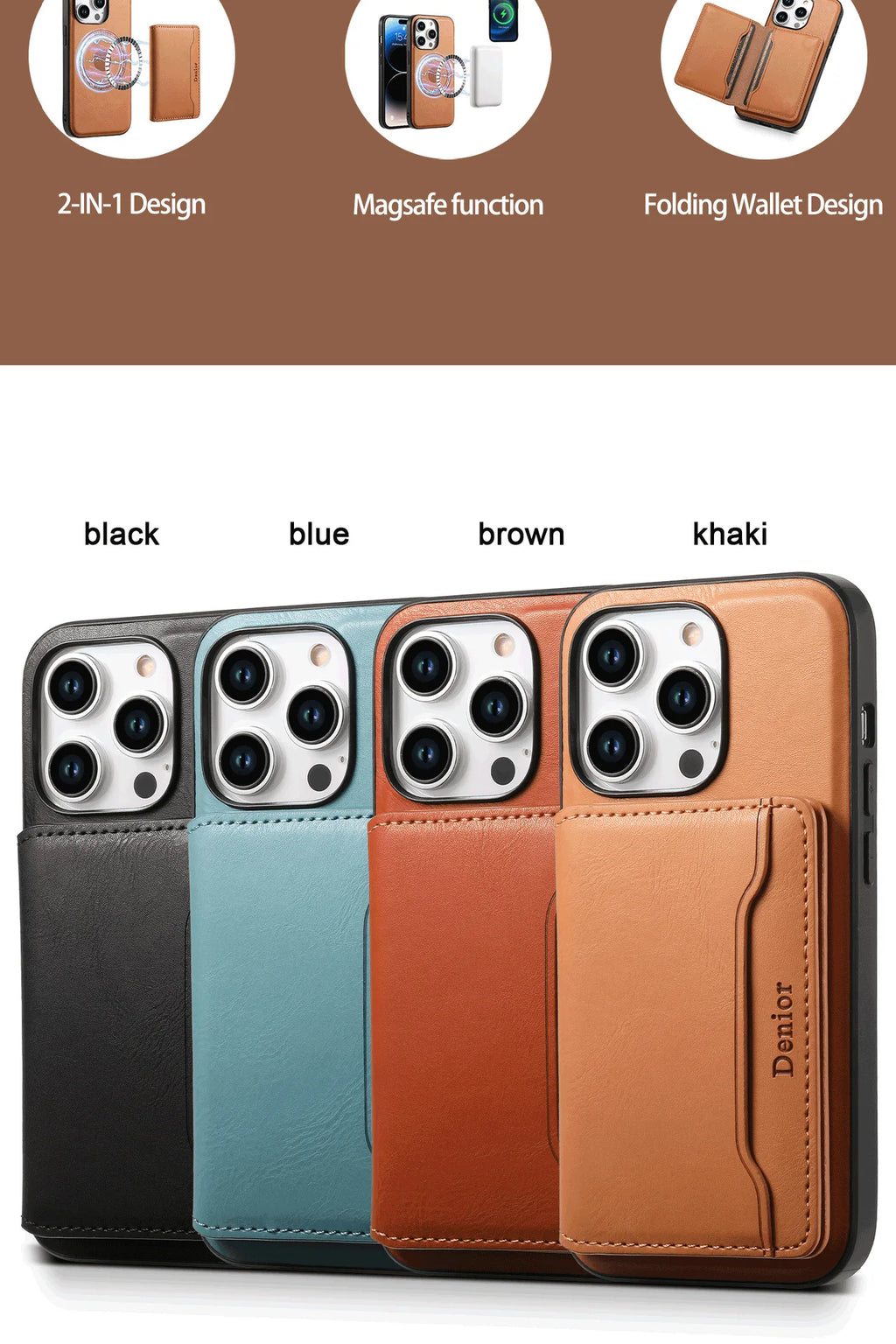 Denior | PU Leather Magnetic Attraction Phone Case for iPhone 16/15/14/13/12 Series & Card Bag(3 Card Slots) Tidesmit