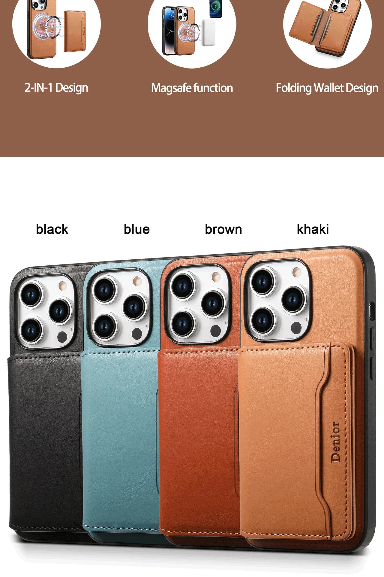 Denior | PU Leather Magnetic Attraction Phone Case for iPhone 16/15/14/13/12 Series & Card Bag(3 Card Slots) Tidesmit