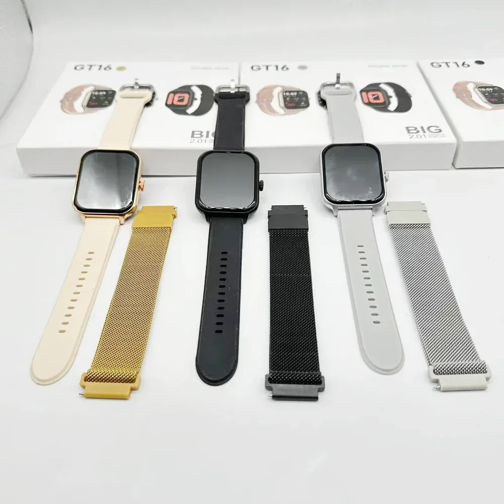 Fashion Smart Watch GT16 Fitness Tracker 2.01inch TFT Display IP68 Waterproof Android Relojes Smartwatch with Double Straps - Tidesmit