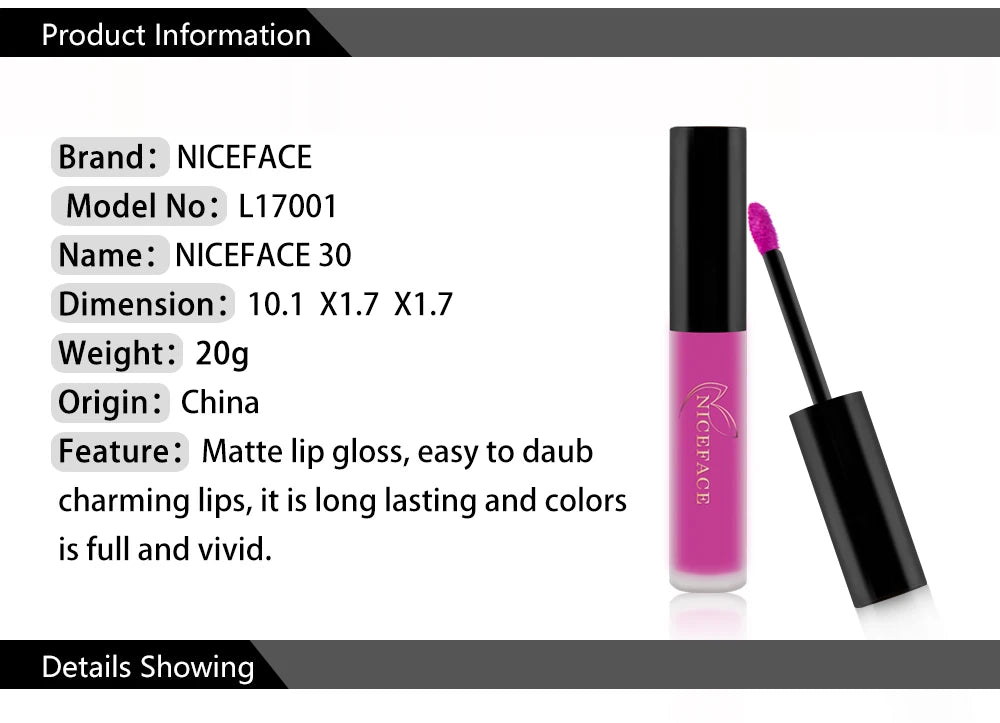 NICEFACE waterproof velvet matte liquid lipstick in vibrant fuchsia with applicator wand. Long-lasting lip tint cosmetic.