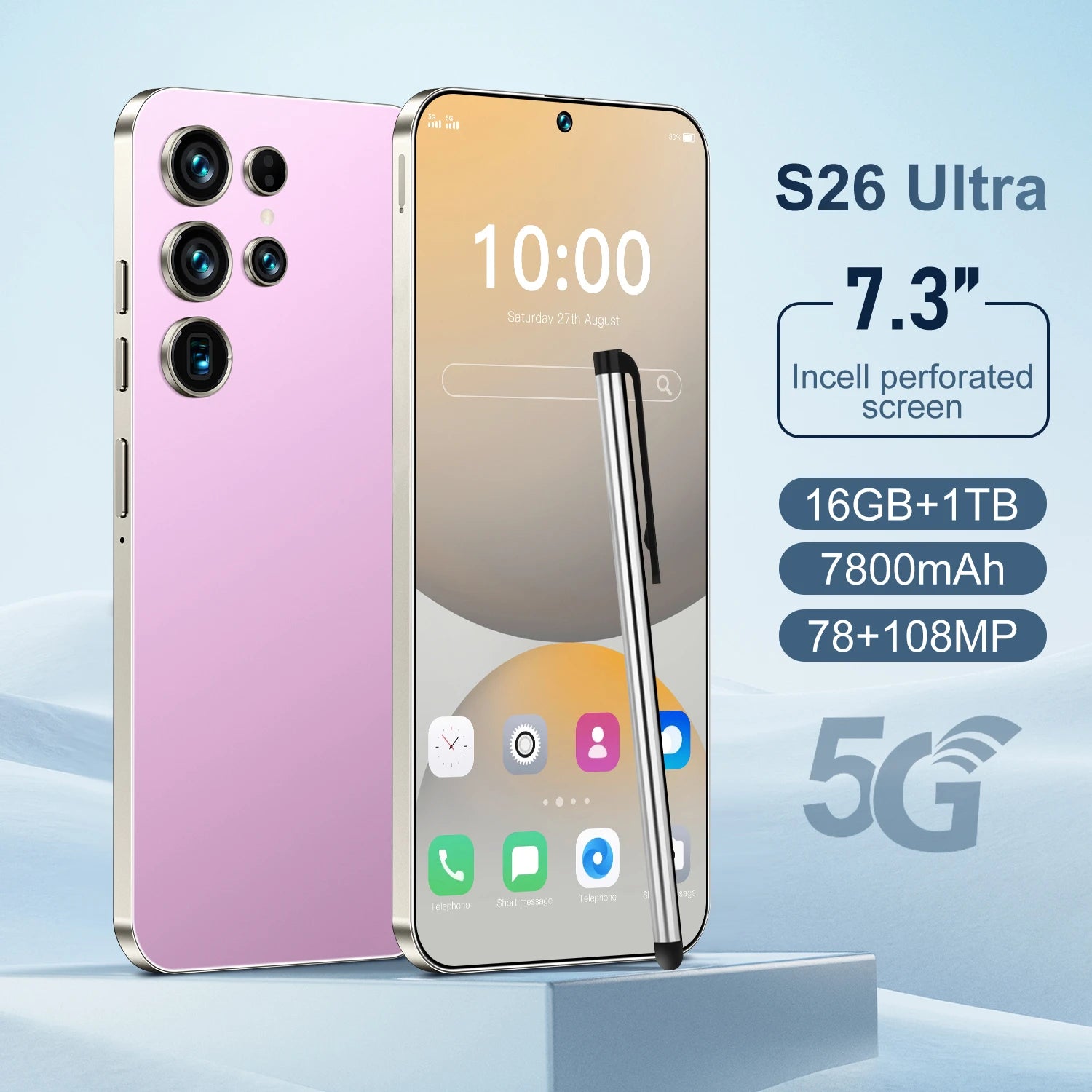 5G Smartphone 16GB RAM 1TB Storage - 7.3-inch HD Display Unlocked Pink 16g 1TB Tidesmit