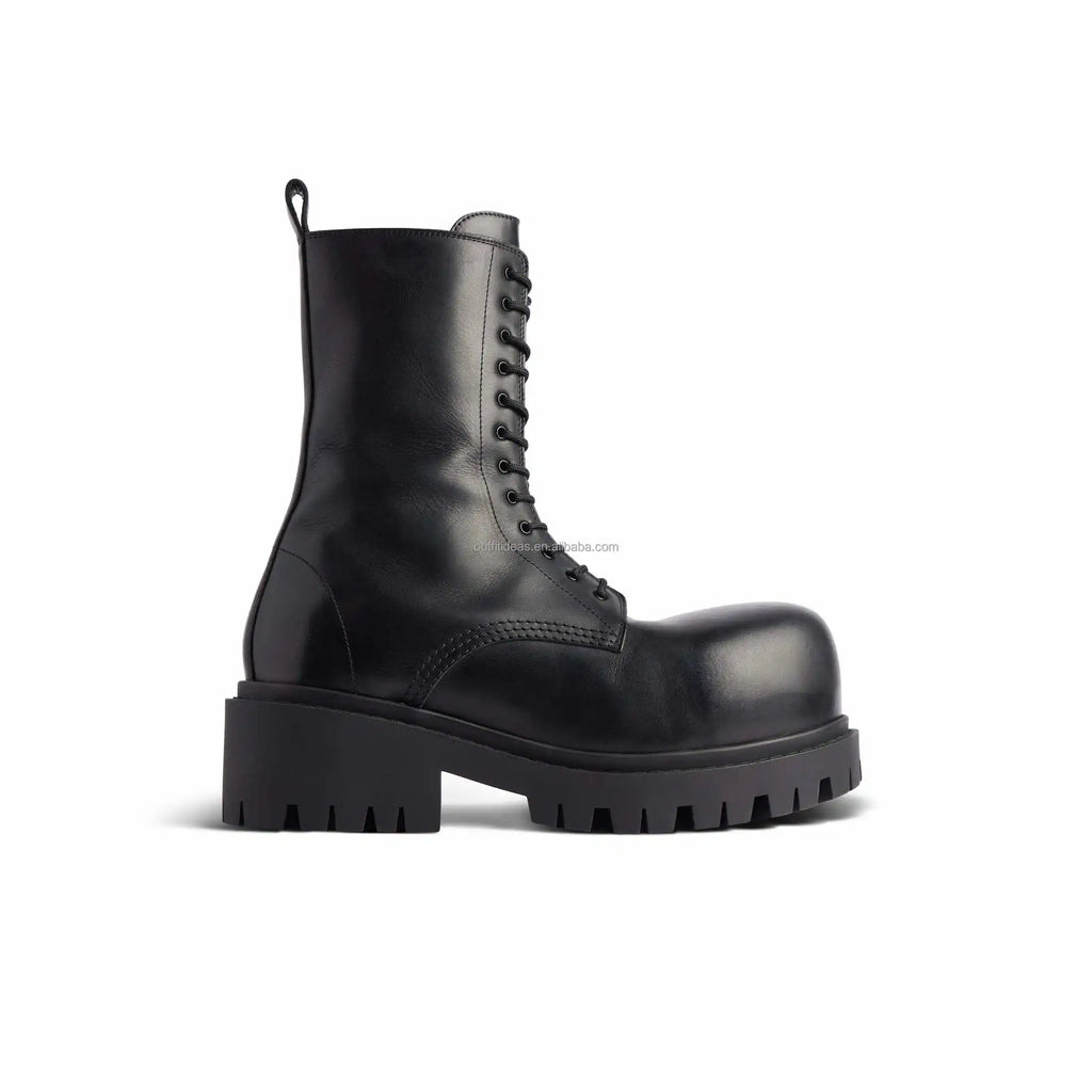 Extra Round Toe Lace-up Metal Logo Winter Dress Shoes Luxury Unisex Calf Leather Men Alaska Boots Men Stomper Chunky Derby Shoes