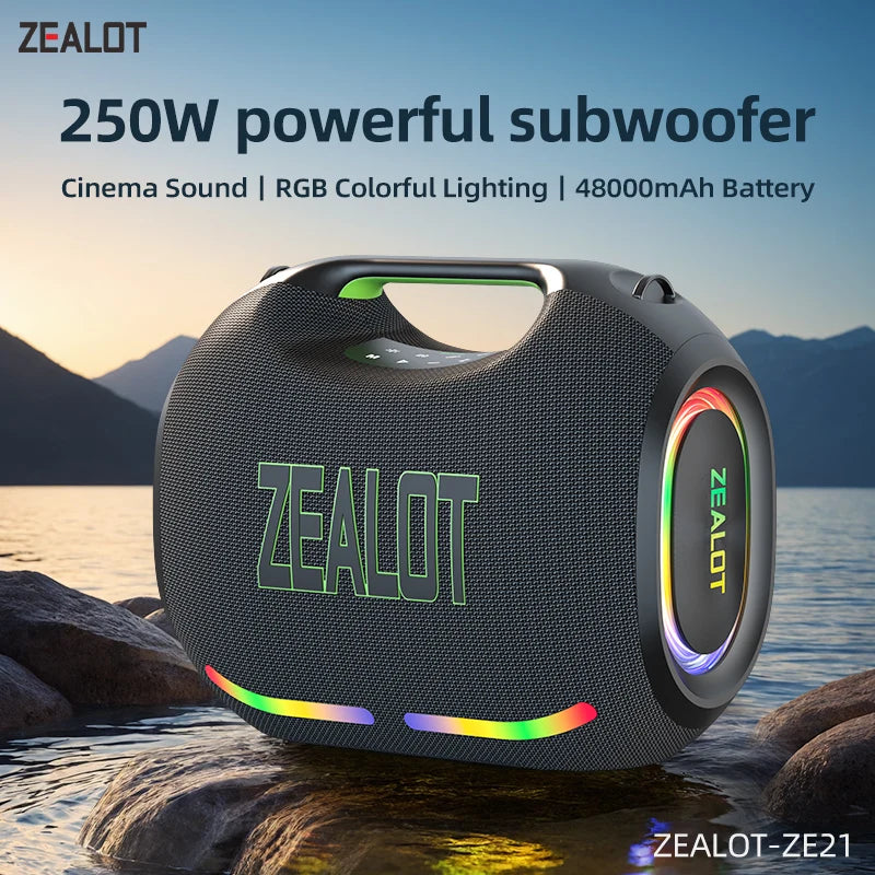 ZEALOT ZE21 250W Portable Speaker IPX7 Waterproof Outdoor Speaker Party Subwoofer Exlarge All-Round Bass RGB/TWS/TF/AUX/EQ My Store