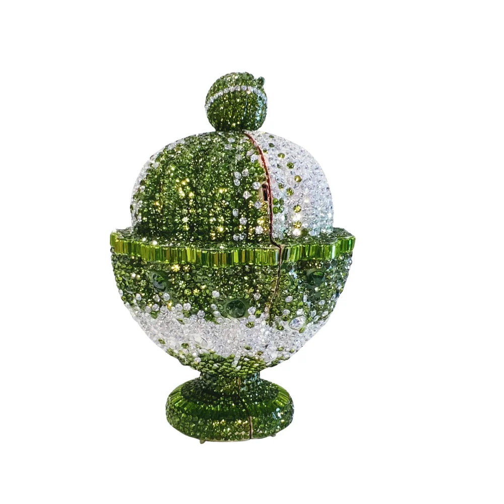 Green and white crystal-embellished ice cream cup clutch, novelty designer evening handbag for formal events.