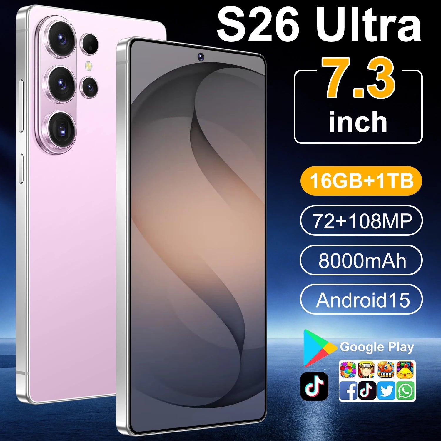 S26 Ultra 7.3 inch 5G smartphone with 16GB RAM and 1TB storage showing high-quality Android 15 HD display