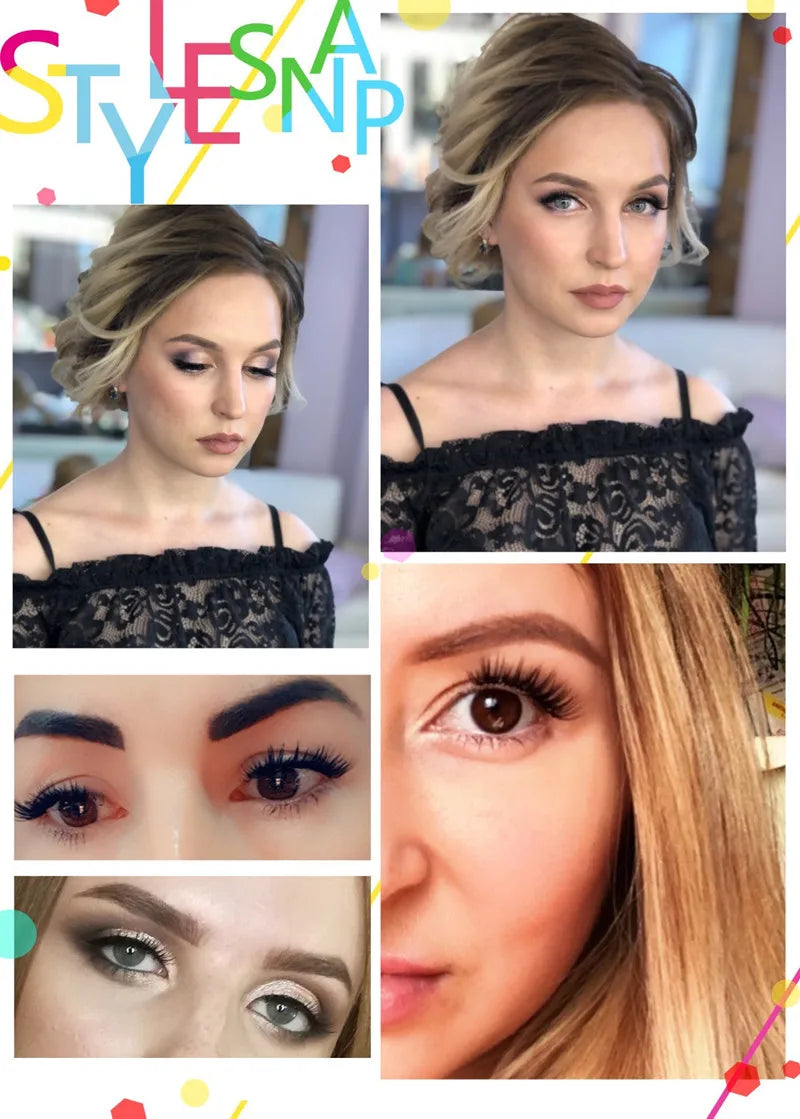 Collage of a woman wearing natural 3D Russian volume mink individual cluster eyelash extensions with black makeup.