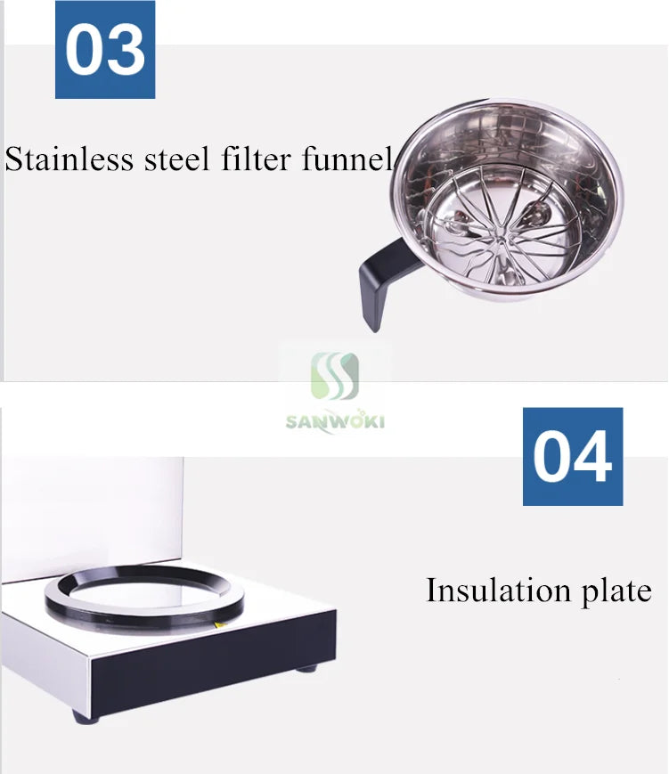 Sanwoki stainless steel coffee filter funnel and warming insulation plate for commercial coffee maker.
