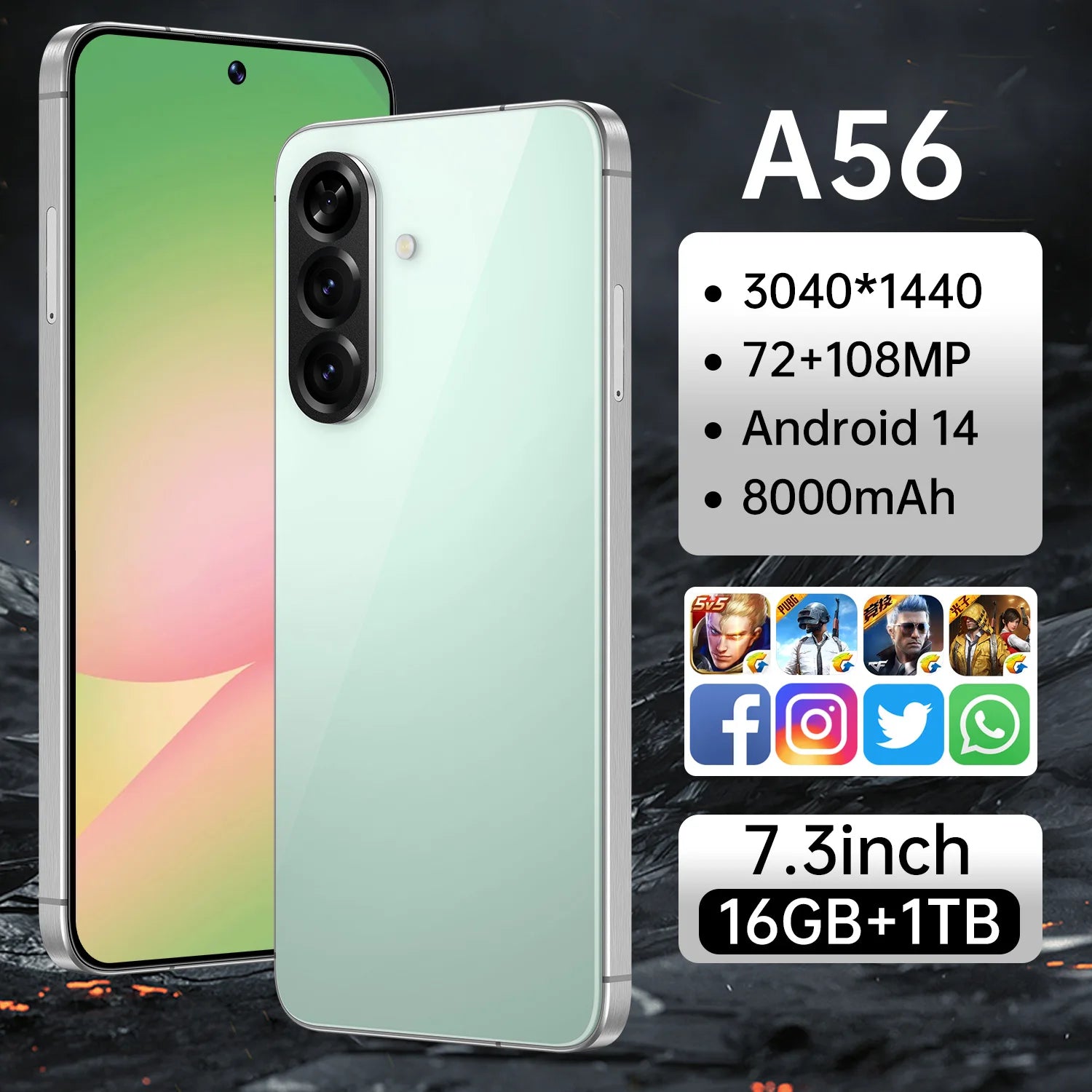 Tidesmit A56 5G smartphone with 7.3 inch HD screen and 108MP camera featuring Android 14 and octa core processor
