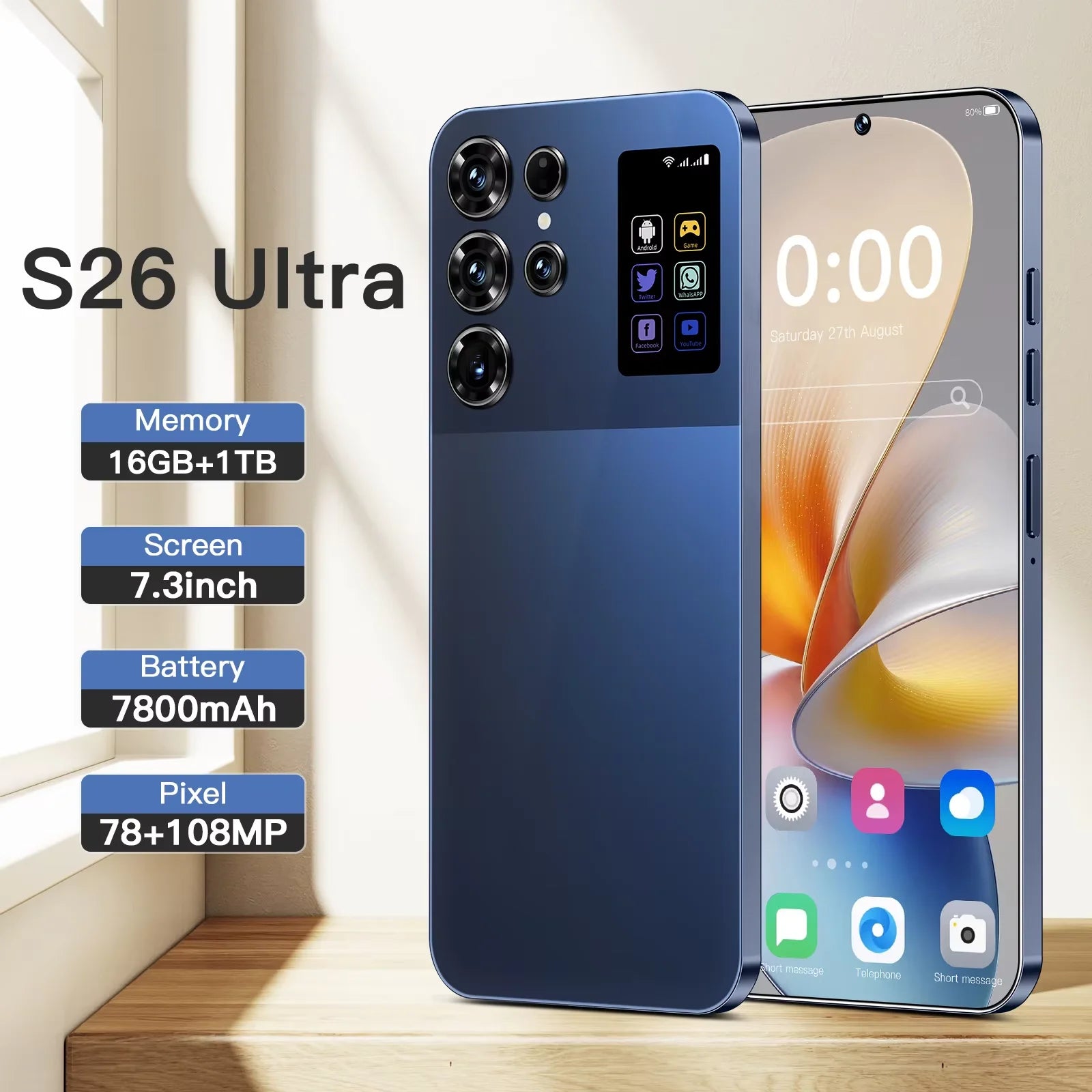 Ultra 7.3 Inch 16GB+1TB 5G Smartphone 72+108MP HD Camera Dual Card 5G Android 14.0 Unlocked Cellphone Tidesmit