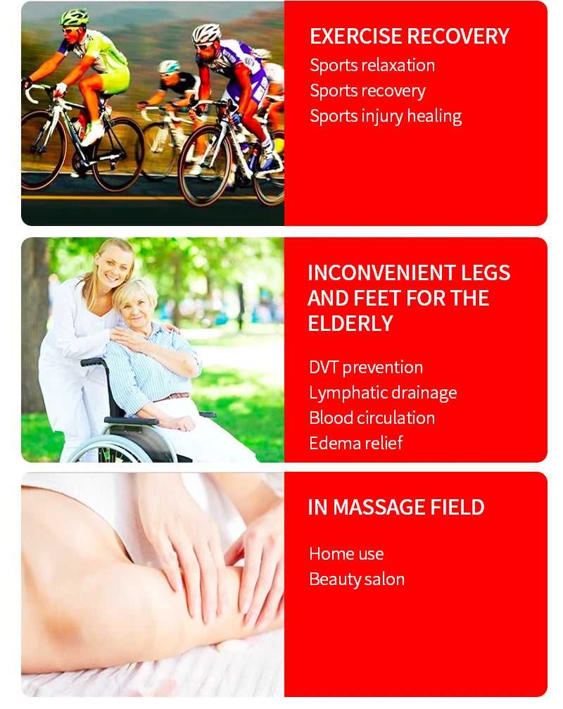 XXL air compression leg massage recovery boots for blood circulation, edema relief, and sports recovery for home use.