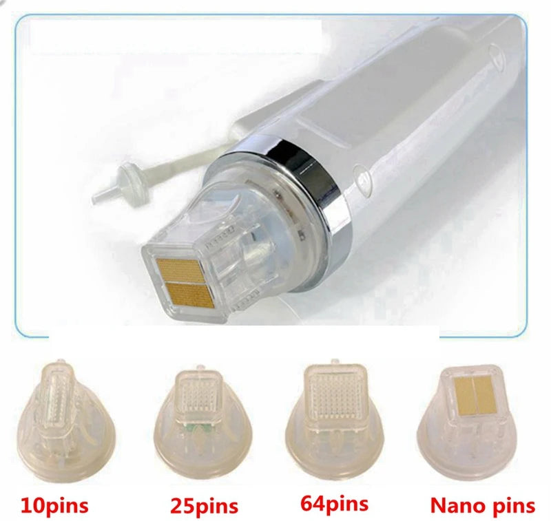 Disposable RF microneedle cartridge tips with 10, 25, 64 pins and nano tips for skin lifting and acne scar removal.