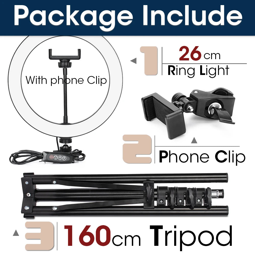 LED Ring Light with Tripod Stand for Live Streaming and Content Creation 26cm and 160cmTripod Tidesmit