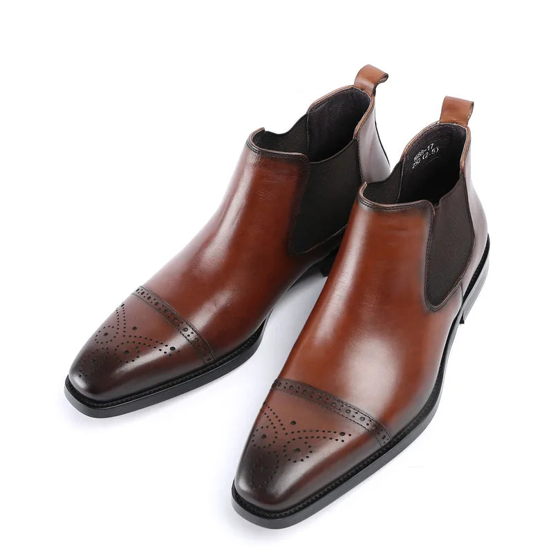 2026 New Men's Sleeve Short Boots British Pointed Carved Genuine Leather Business Formal High Top Leather Shoes