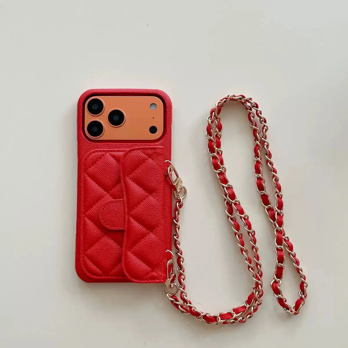 High End Embossed PU Leather Solid Color Crossbody Chain Wallet Card Anti-drop Cover Mobile Phone Cases for 15 Pro