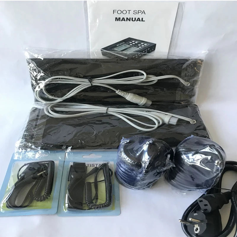 Dual ionic detox foot spa machine set with far infrared belts, manual, and detox array sensors for home spa therapy.