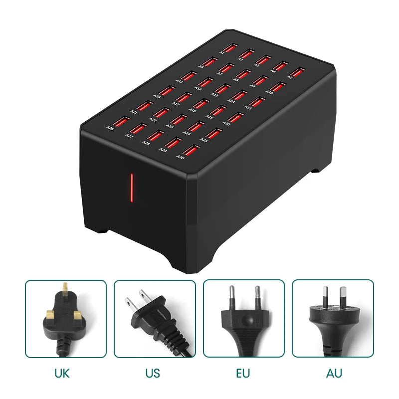 30-Port Smart 150W USB Charging Station 5V2.4A Per Port Universal 100-240V for Office/ Home CE/FCC/RoHS Multifunction Chargers Tidesmit