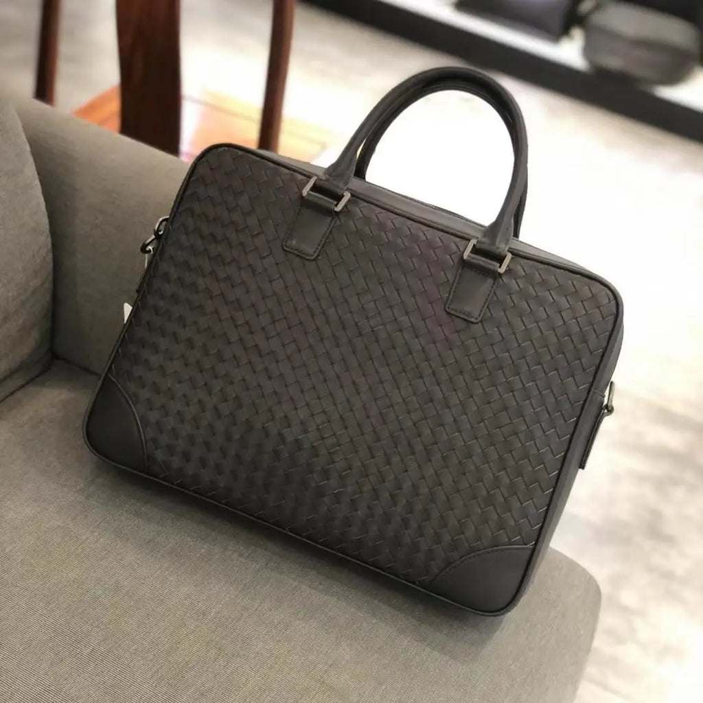 Dark brown hand-woven leather executive briefcase for 14-inch laptops. Designer style men's office business handbag.