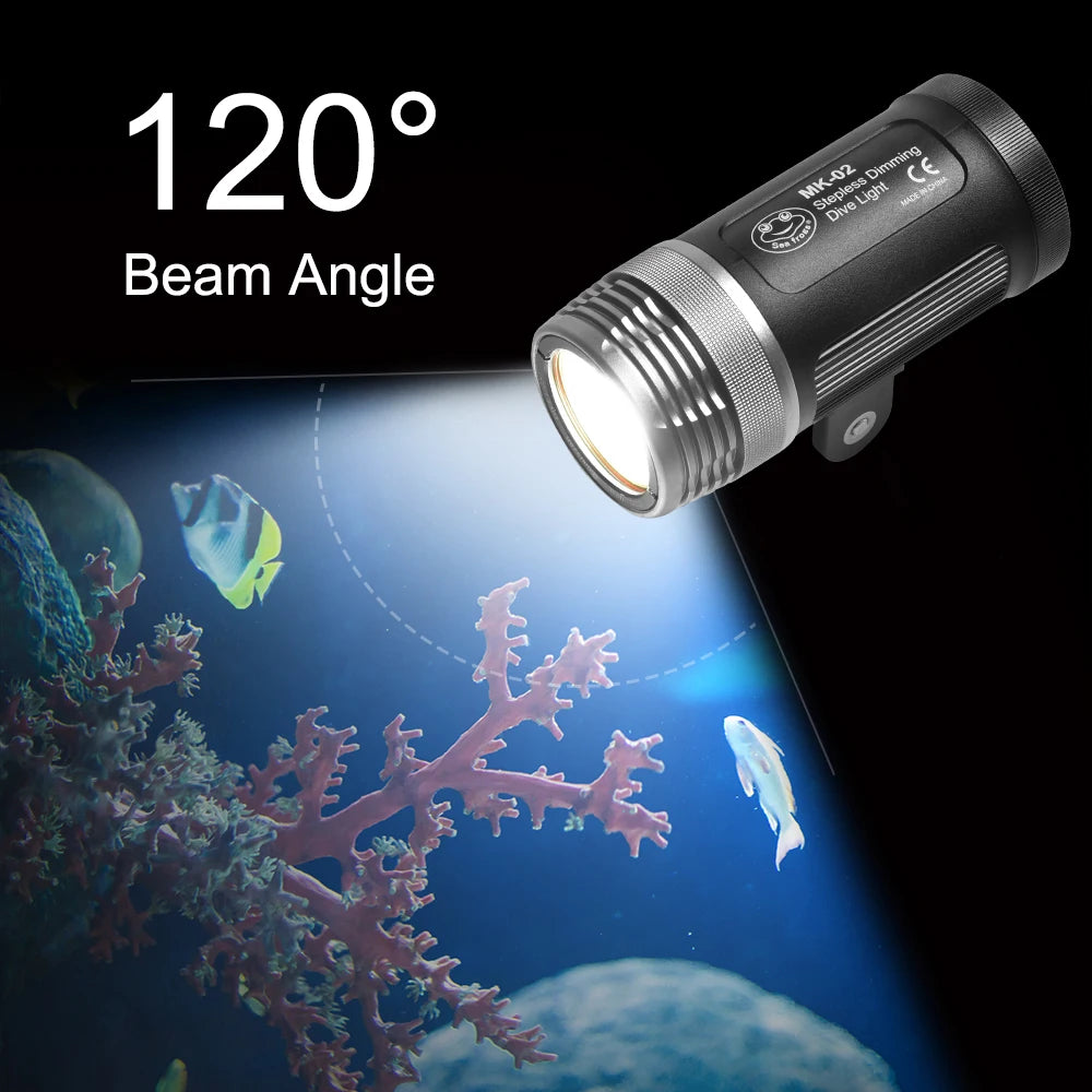 Black, cylindrical metal dive light with silver bezel casting a wide 120-degree beam on an underwater coral scene.