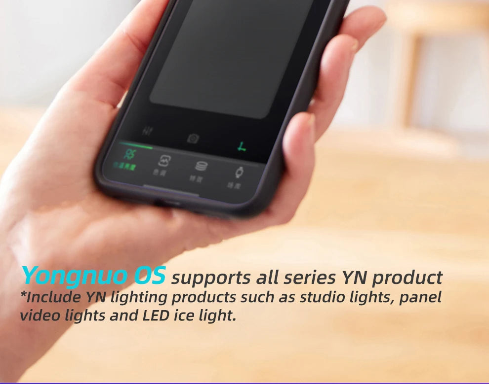 Handheld rectangular lighting controller with a black digital touchscreen interface for adjusting studio light settings.