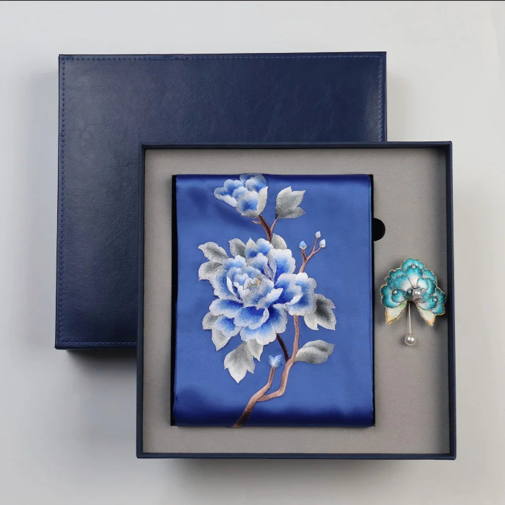 Handmade Su Embroidery Scarf & Stylish Brooch Box Set
