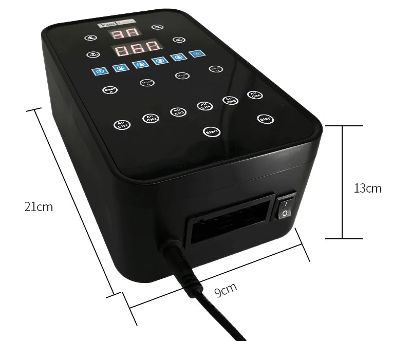 Black air compression leg massager control unit with digital display, multi-mode touch screen, and power cable.