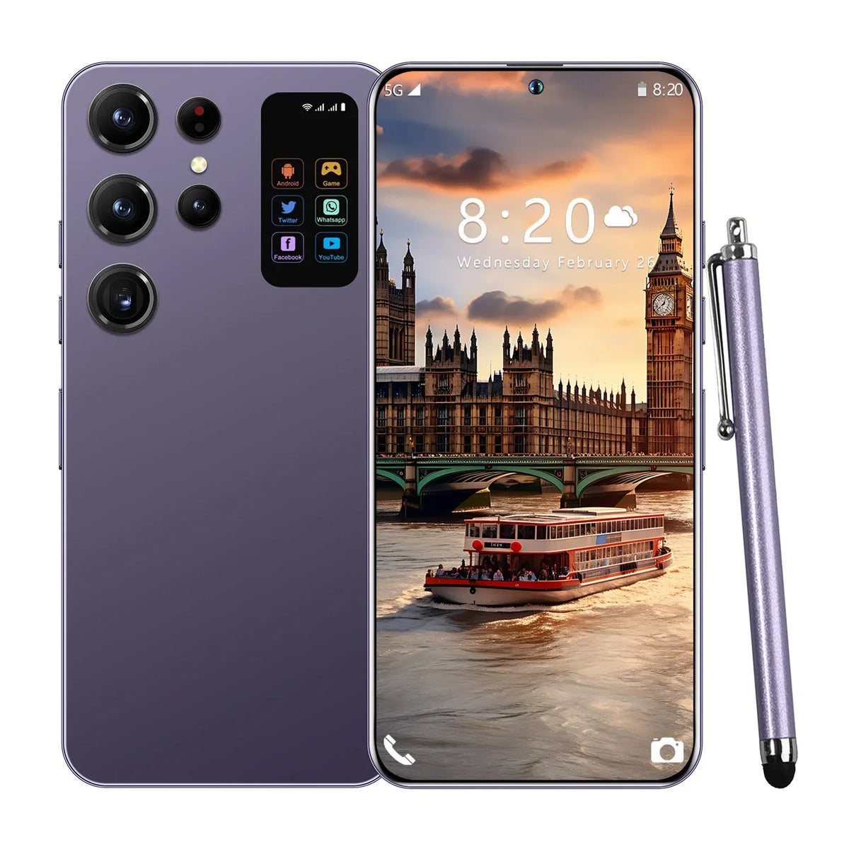 Purple 7.3-inch 5G smartphone with quad cameras, front display, and stylus pen