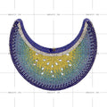 Moon-shaped evening clutch, designer handbag with ombre blue, green, and yellow rhinestones and teardrop accents.