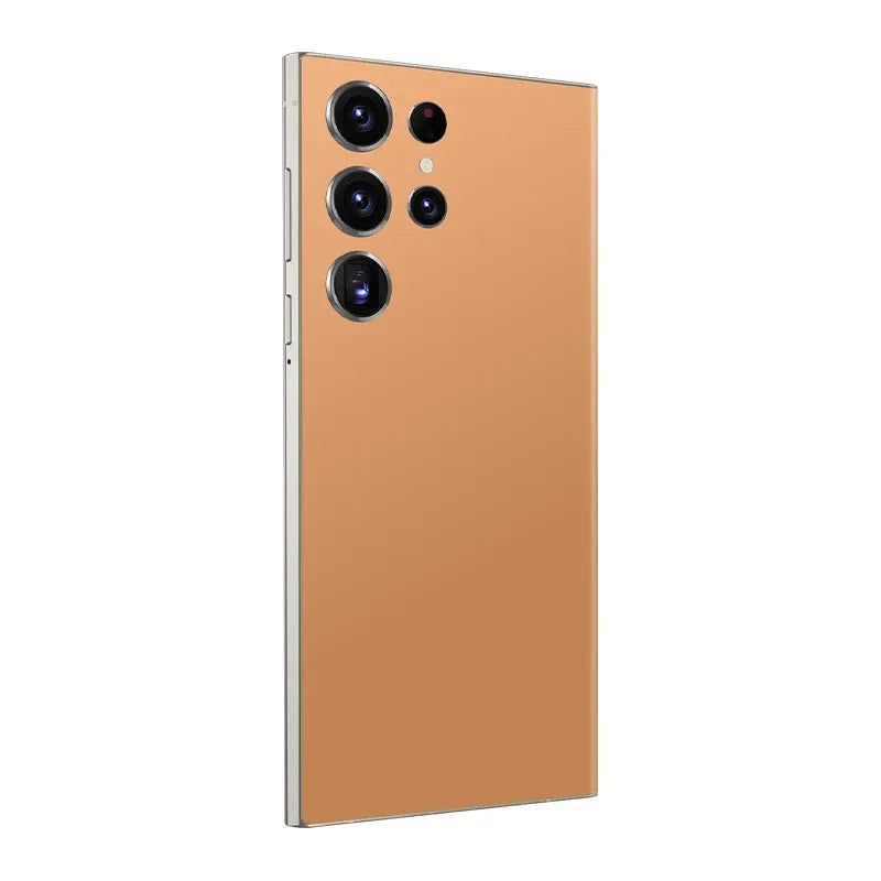 Orange smartphone with quad rear cameras and metal frame