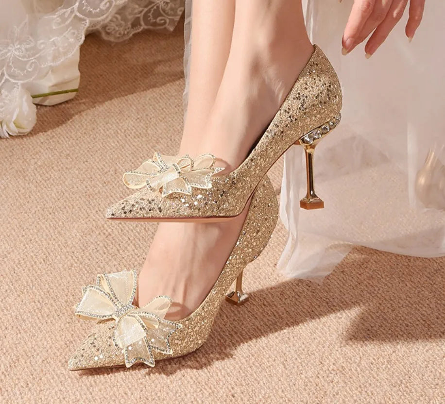 Luxury Shiny Champagne Gold High-heeled Women's Shoes Pointed Toe Designer Heels Ladies Sexy Bridal Wedding Gowns Shoe